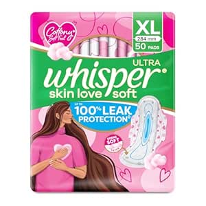 Whisper Ultra Skin Love Soft Sanitary Pads for Women, XL 50 Pads, Cottony Soft Feel, Upto 100% Leak* Protection, Disposable Wrapper, Locks Odour & Wetness (Product Does Not Contain Cotton) (*Based on 