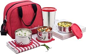 Signoraware Sling Stainless Steel Lunch Box with Steel tumbler (500ml, 500ml, 350ml, 370ml, Red) - Set of 4