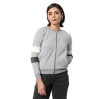 Campus Sutra Women's Grey & White Striped Regular Fit Zipper Sweatshirt For Winter Wear | Full Sleeve | Cotton Sweatshirt | Casual Sweatshirt For Woman | Western Stylish Sweatshirt For Women