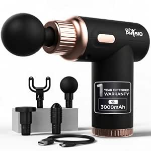 Dr Physio USA Dynamo Rechargeable Percussion Massage Gun | 3000mAh Battery | 6 Speed Levels | 4 Removable Heads Electric Full Body Gun Massager, Pain Relief Cordless Deep Tissue Massage Machine - 1034
