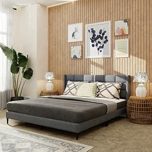 Royaloak Willow Upholstered Queen Bed | Solid Wood | Upholstered Headboard | Linen Fabric | Modern Design | Strong & Durable
