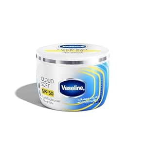 VASELINE Cloud Soft SPF 50 PA ++++ Light Moisturiser, 200 ml, for Soft and Bouncy Skin, with Ceramides & Hyaluron Moisture Fillers, Non-Sticky and Lightweight, Broad Spectrum Protection