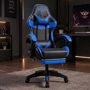 Fighter By ValorX USA Ergonomic Gaming & Office Chair with Footrest | High Back 135° Recliner | Linkage Armrests | Neck & Lumbar Support | Premium PU Leather | Blue