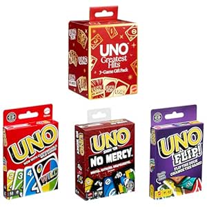 ​Mattel Games UNO Greatest Hits Gift Pack with 3 Card Games, UNO, UNO Flip & UNO Show ‘em No Mercy for Kids, Teens, Grown-Ups & Family Nights & Parties