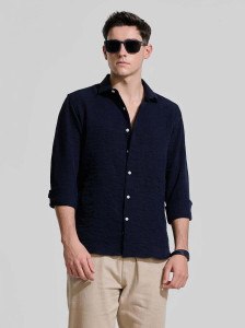 Snitch Men Self Design Casual Blue Shirt